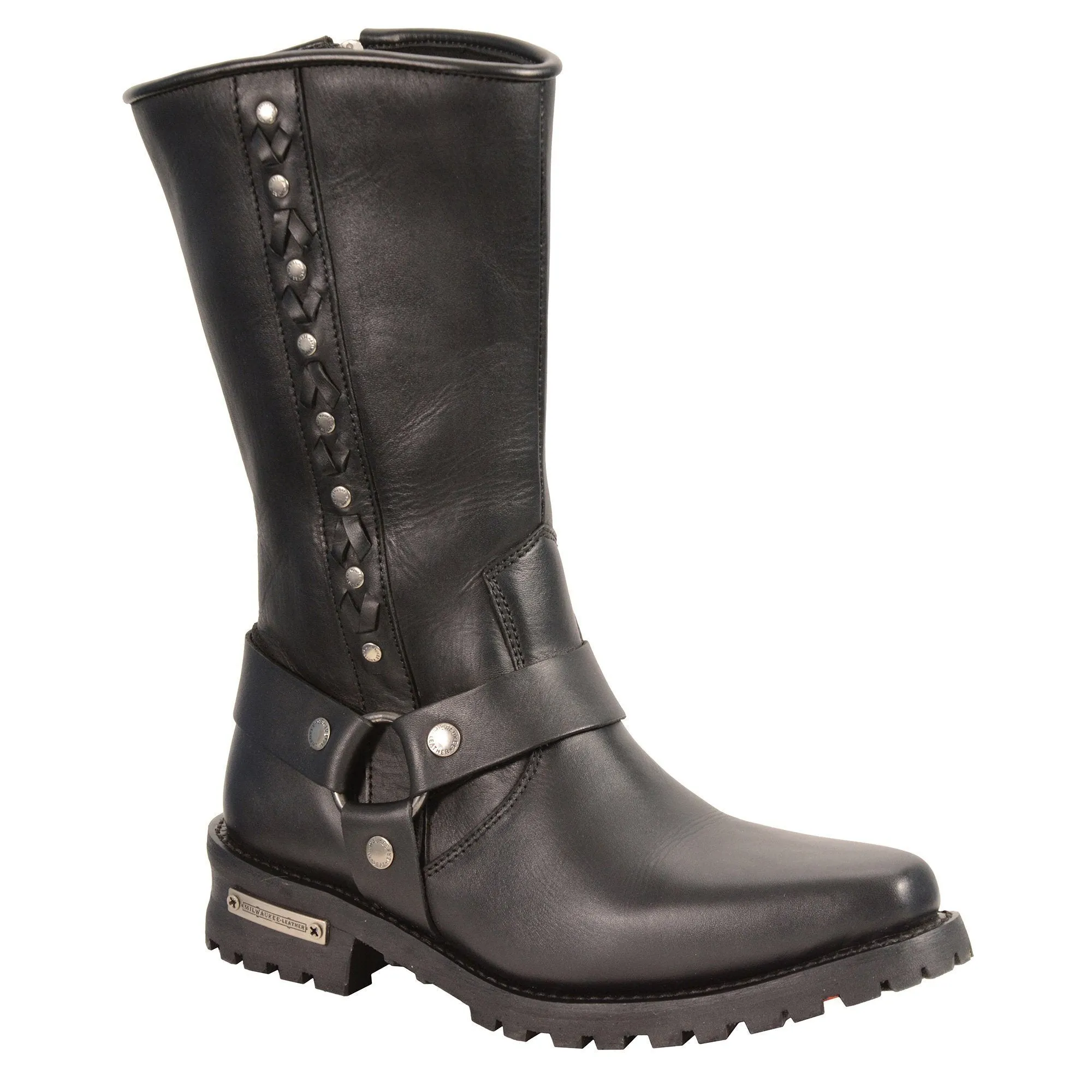 Milwaukee Leather Boots-MBM9025-Men’s Black Harness Boot with Braid & Riveted Details