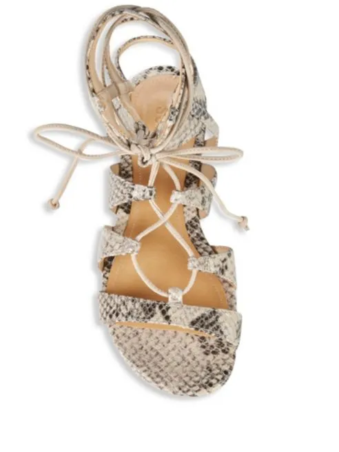 Schutz Erlina Gladiator Sandal Snake-Print Gladiator Flat Tie Up Lace Sandals